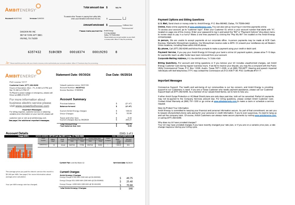 USA Ambit Energy business utility bill Word and PDF template 1 2 pages PSD template